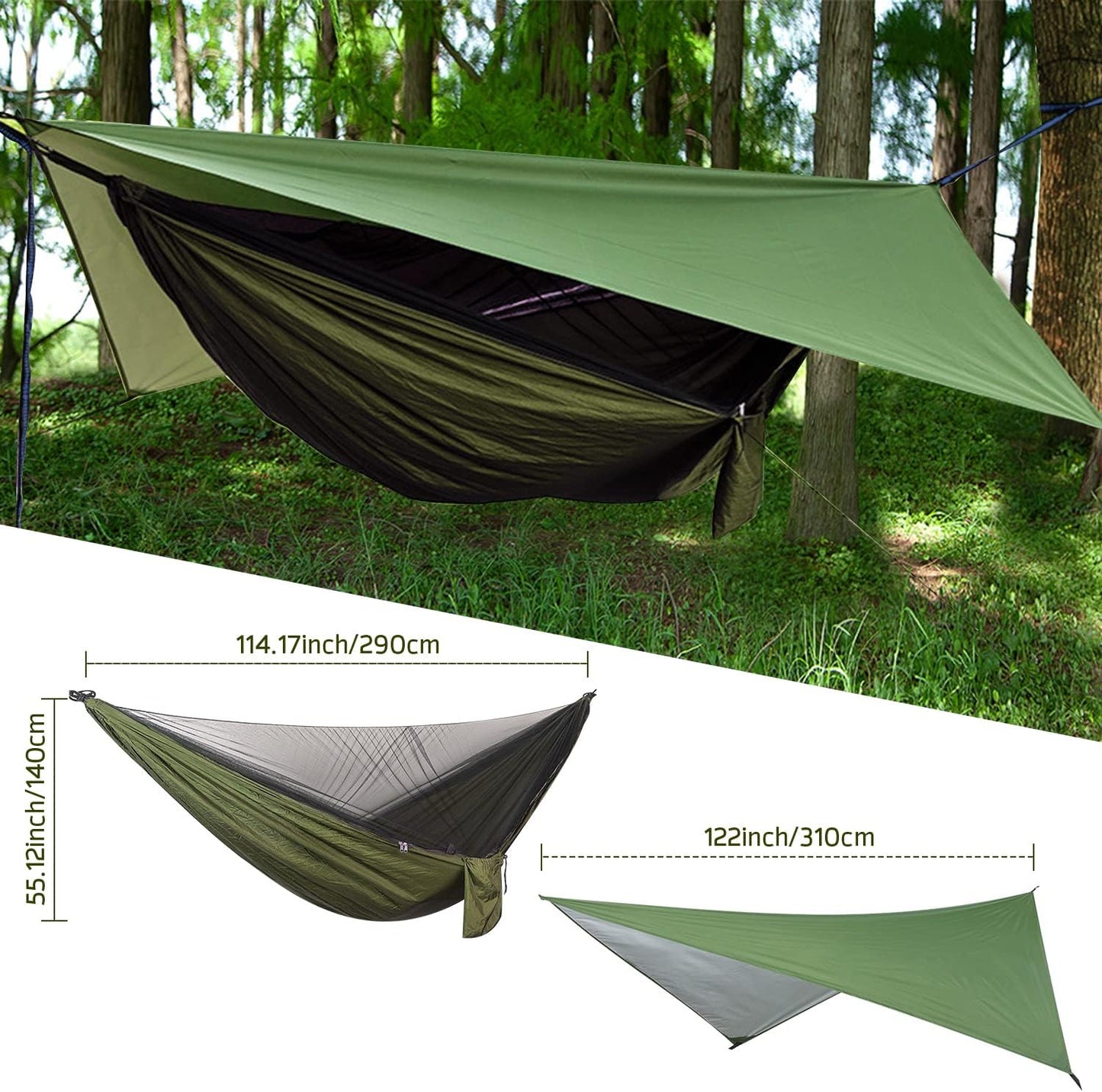 Hammock with Mosquito Net, 114X54 Inch Outdoor Camping Hammocks with Large Tarp for Waterproof Lightweight Camping Hammock Tent 440 LBS Load Capacity for Hiking Picnic Courtyard
